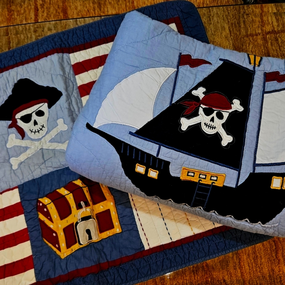 Pottery Barn Kids Pirate Themed Quilted Pillow Sham and Twin Blanket Set